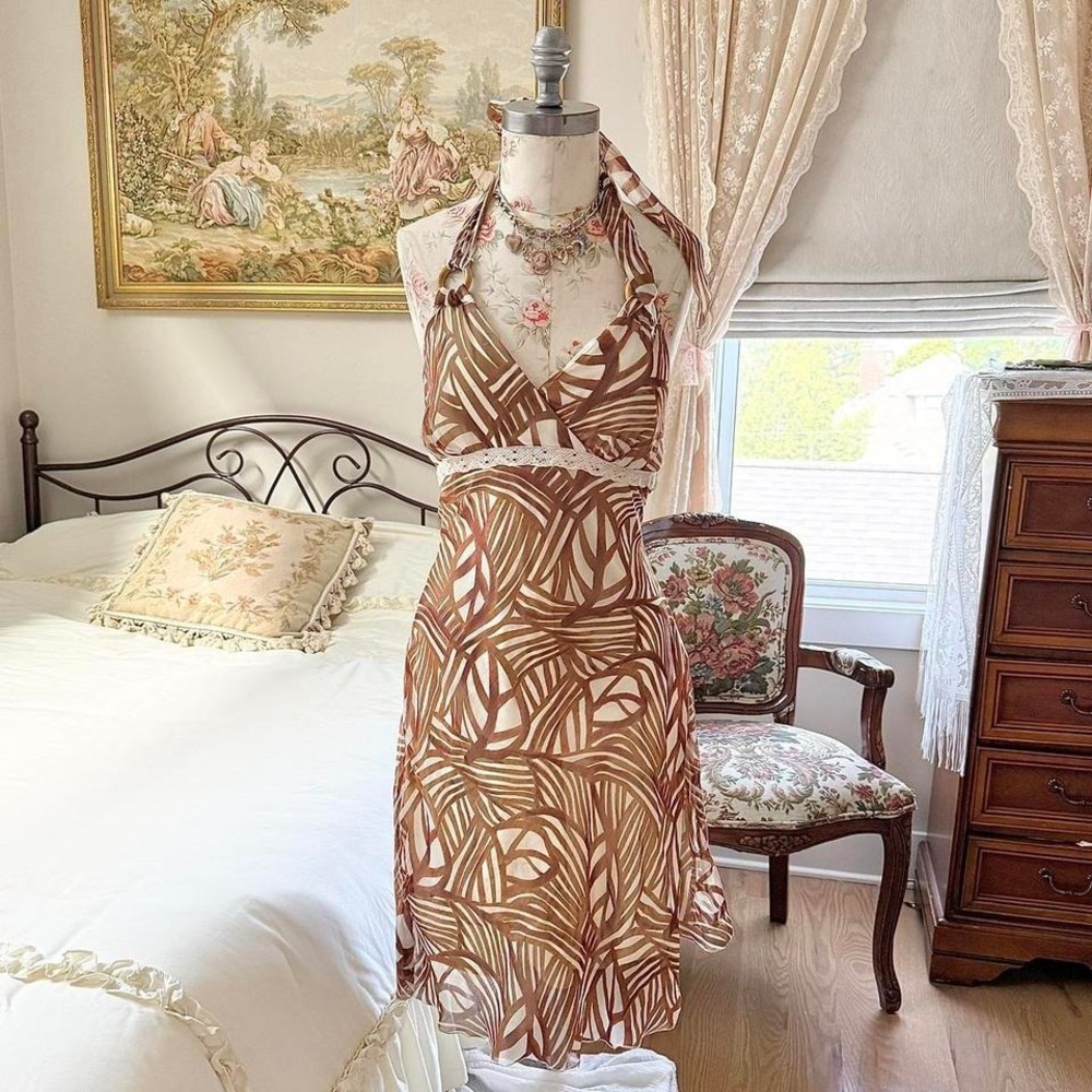 Y2K La Belle brown tropical halter midi dress size 11